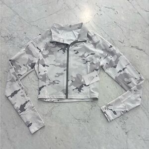 Fashion Nova White and Light Gray Camo Zip-Up Crop Sweater